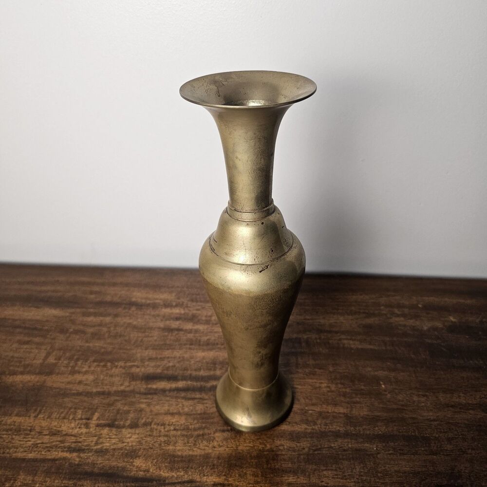 Vintage Solid Brass Vase 12" Tall Classic Traditional MCM Decor with Patina